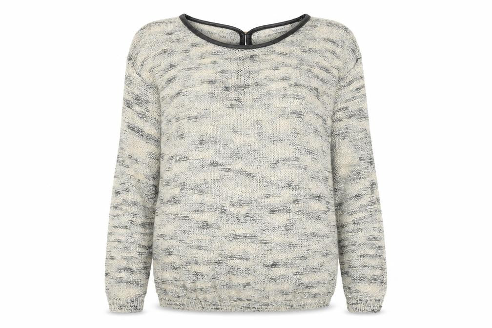 Front view of QUEEN'S Women's Grey Open-Knit Bow Back jumper, size S