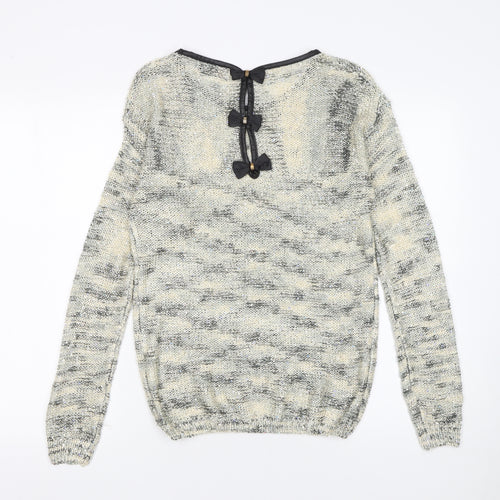 QUEEN'S Women's Grey Open-Knit Bow Back Pullover Jumper Size S