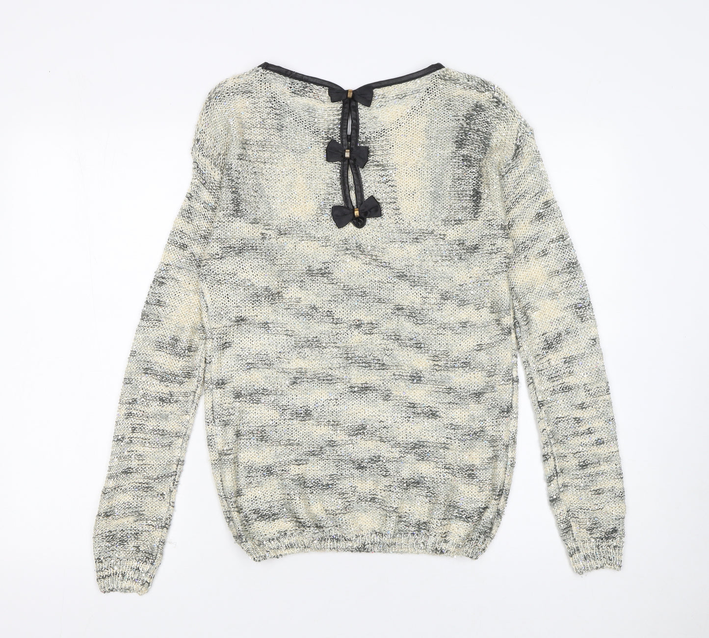 QUEEN'S Women's Grey Open-Knit Bow Back Pullover Jumper Size S