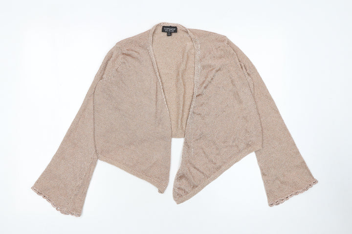 Topshop Women Beige Metallic Knit Cropped Wrap Cardigan UK 12
