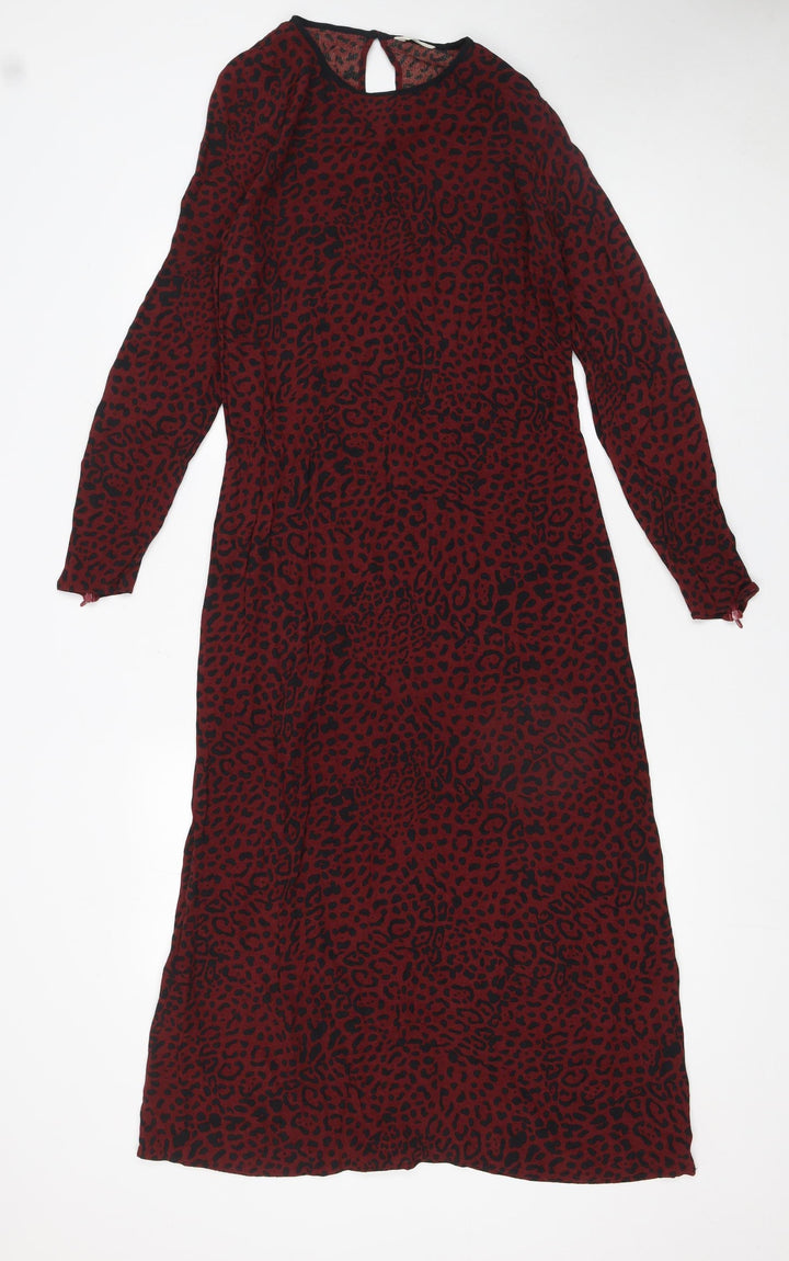 Hush Women's Red Animal Print Midi Shift Dress Size 8 Long Sleeve