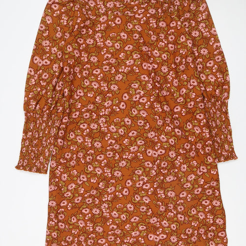 Next Women Brown Floral Shift Dress Size 14 Long Sleeve