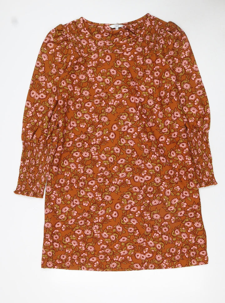 Next Women Brown Floral Shift Dress Size 14 Long Sleeve