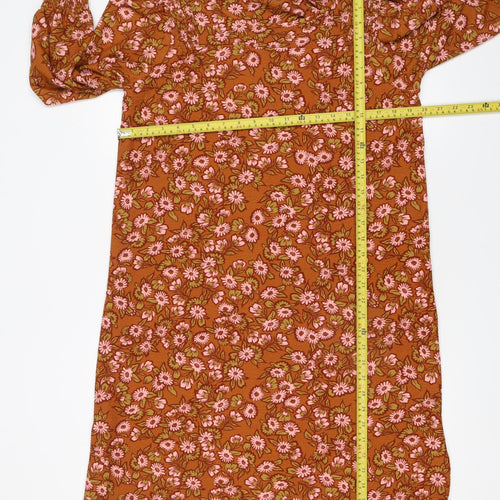 Next Women Brown Floral Shift Dress Size 14 Long Sleeve