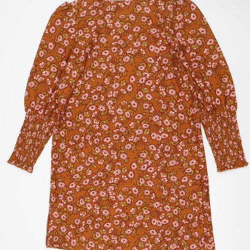 Next Women Brown Floral Shift Dress Size 14 Long Sleeve