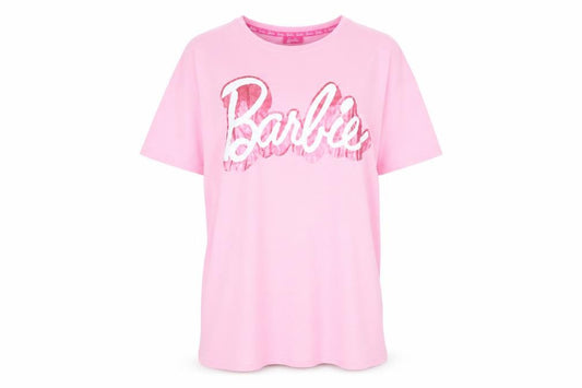 Front view of Barbie women’s pink cotton short sleeve nightshirt uk 12-14