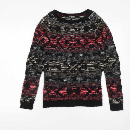 Warehouse Women's Black Red Fair Isle Jumper UK 6 Long Sleeve Knit