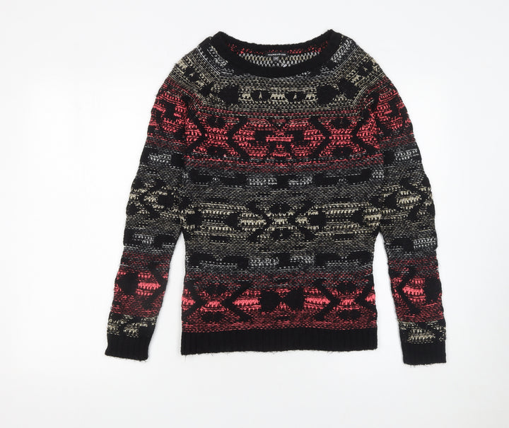 Warehouse Women's Black Red Fair Isle Jumper UK 6 Long Sleeve Knit