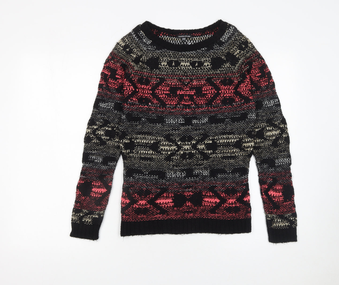 Warehouse Women's Black Red Fair Isle Jumper UK 6 Long Sleeve Knit