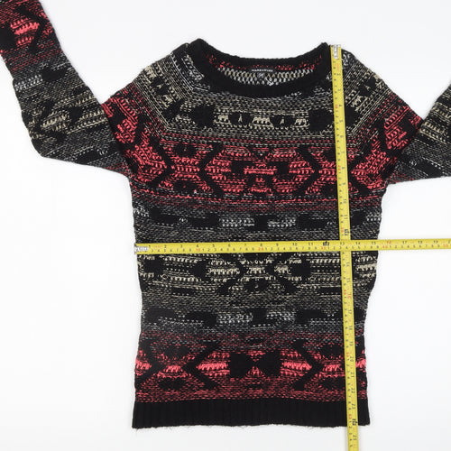 Warehouse Women's Black Red Fair Isle Jumper UK 6 Long Sleeve Knit