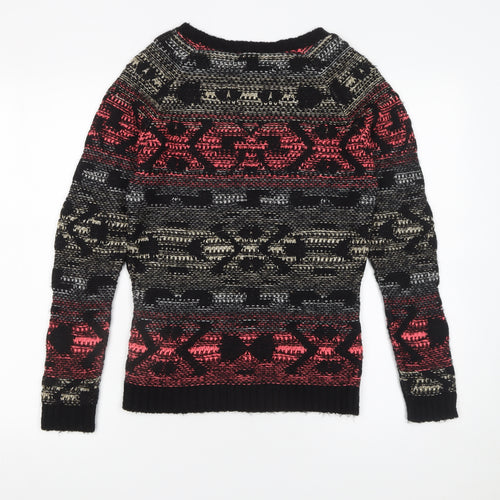 Warehouse Women's Black Red Fair Isle Jumper UK 6 Long Sleeve Knit