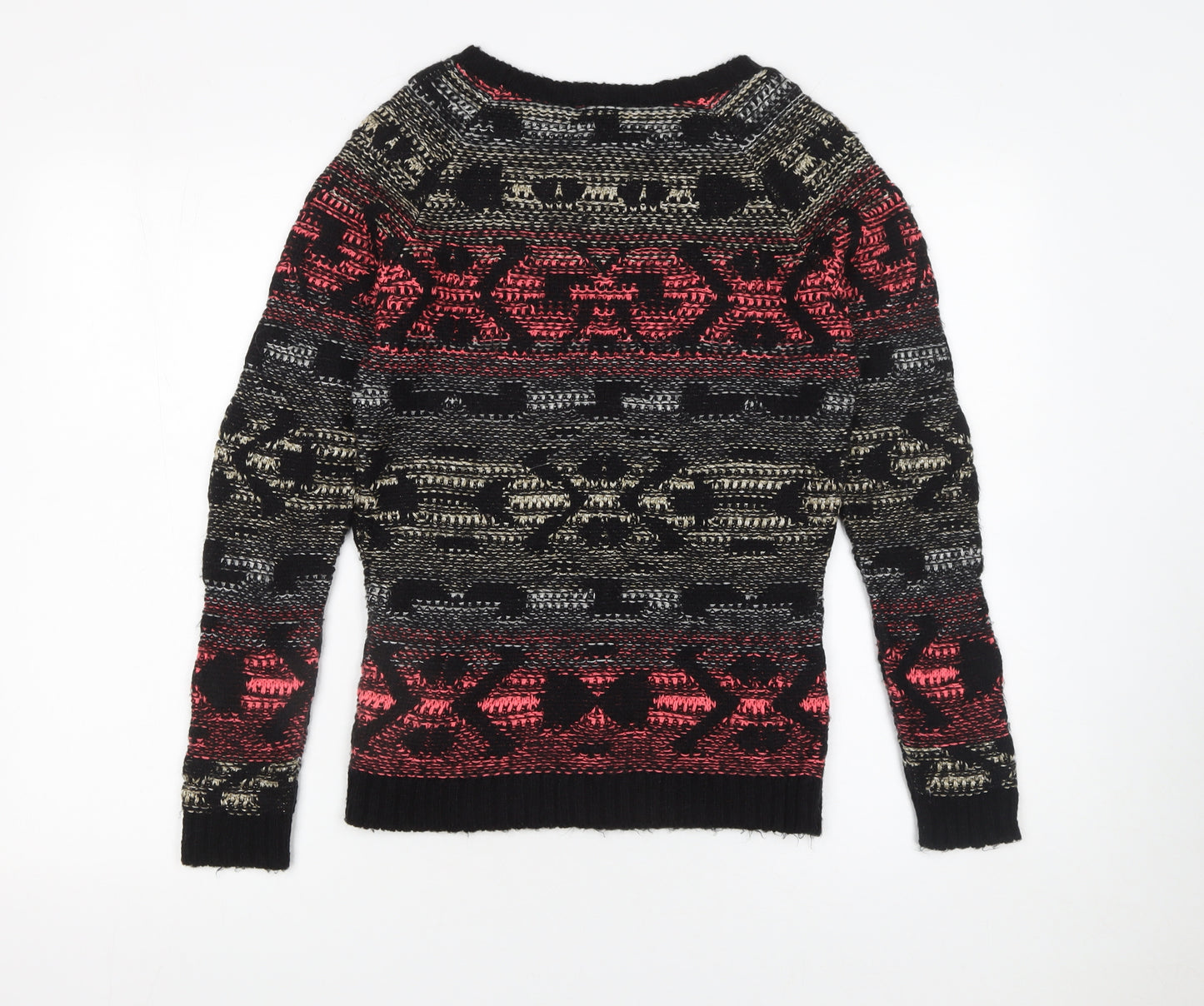 Warehouse Women's Black Red Fair Isle Jumper UK 6 Long Sleeve Knit