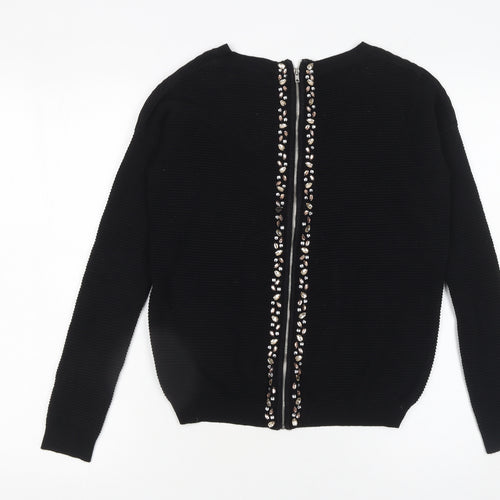 Next Women Black Beaded Zip Cardigan Size 6 Round Neck Knit