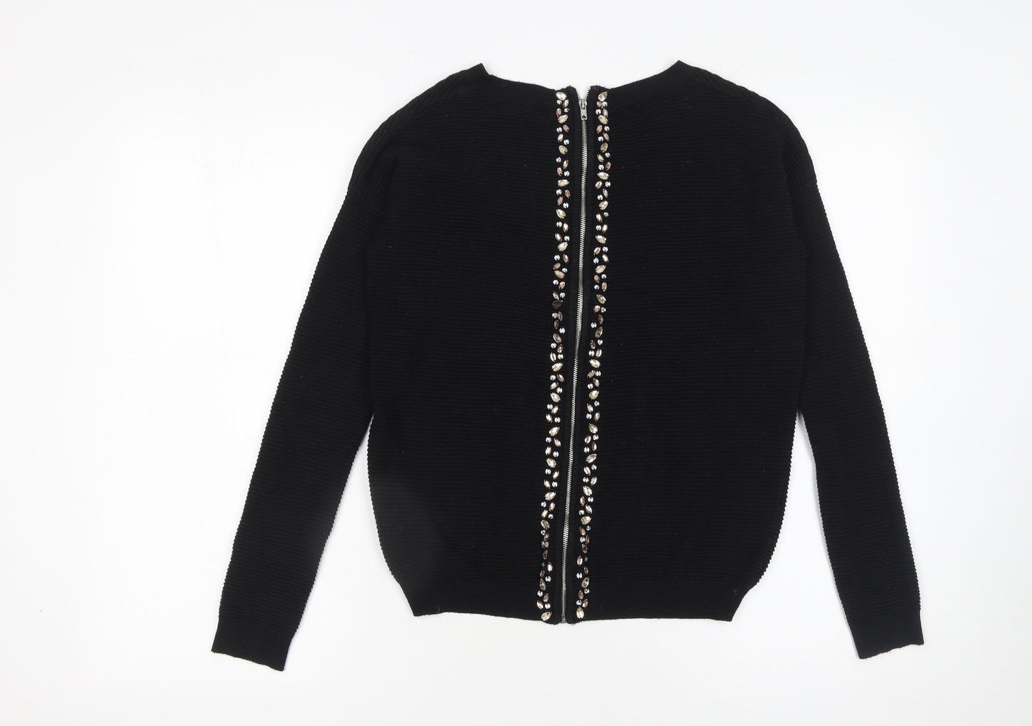 Next Women Black Beaded Zip Cardigan Size 6 Round Neck Knit