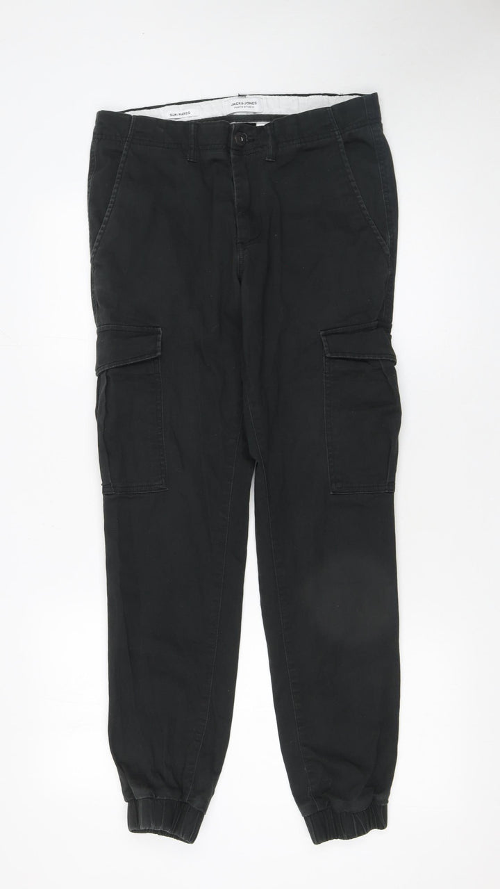 Jack & Jones Men's Black Slim Cargo Trousers 32W 34L Cotton Blend