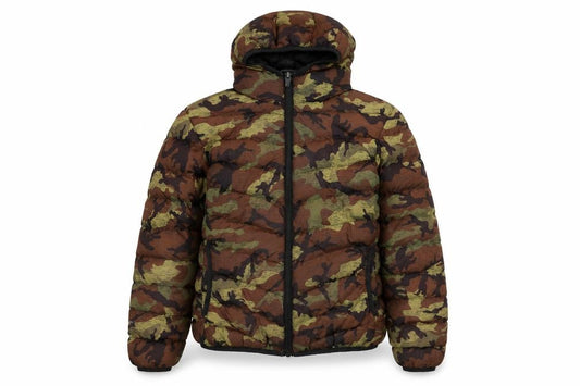 Front view of Brave Soul boys’ multicoloured camouflage hooded puffer jacket 11-12 years