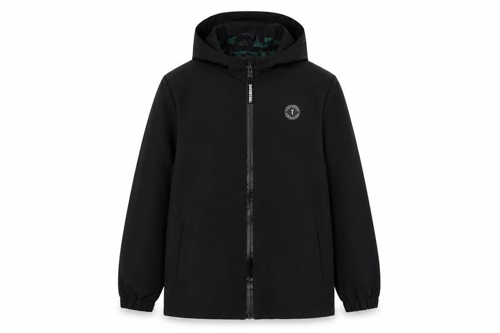 Front view of Threadboys boys’ black hooded rain coat jacket 11-12 years water resistant