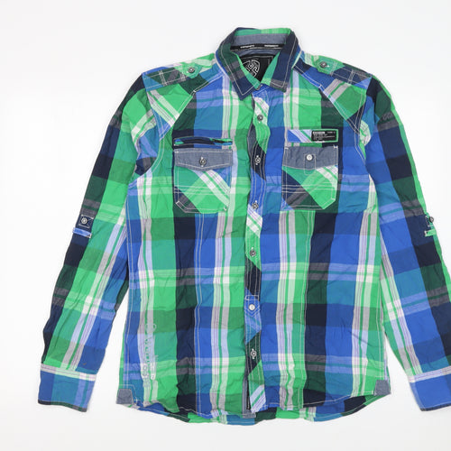 Dissident Men's Green Blue Check Button-Up Casual Shirt M