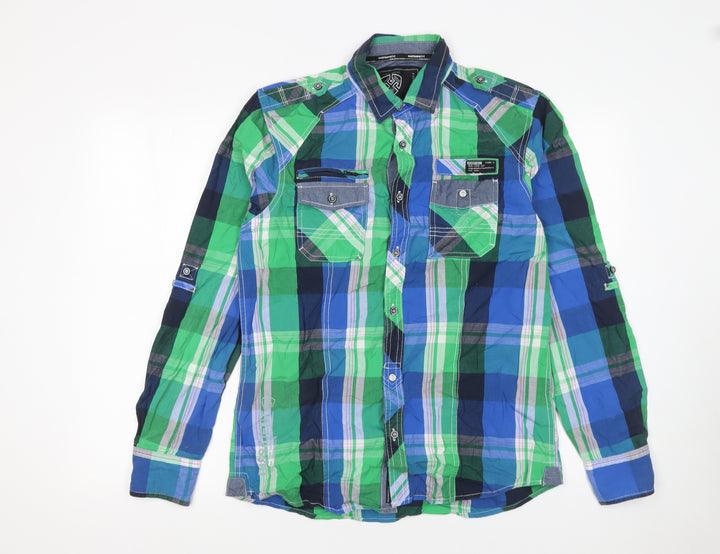 Dissident Men's Green Blue Check Button-Up Casual Shirt M