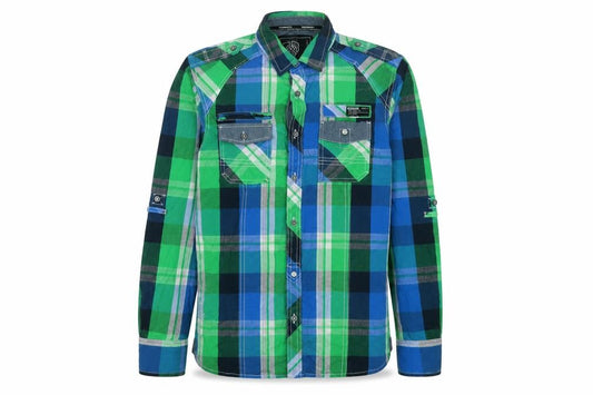Front view of Dissident Men's Green Blue Check Button-Up Casual Shirt M