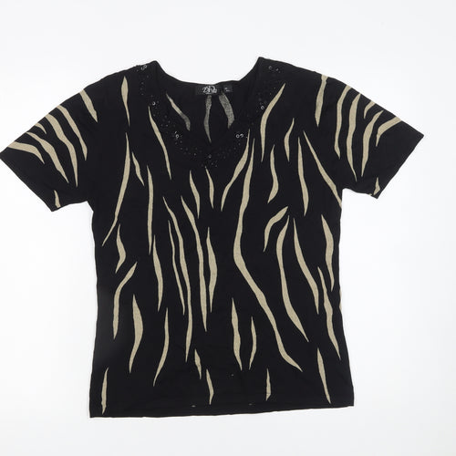 Diva Womens Black Animal Print Beaded V-Neck Short Sleeve Jumper M