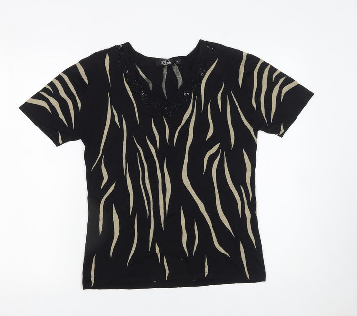 Diva Womens Black Animal Print Beaded V-Neck Short Sleeve Jumper M