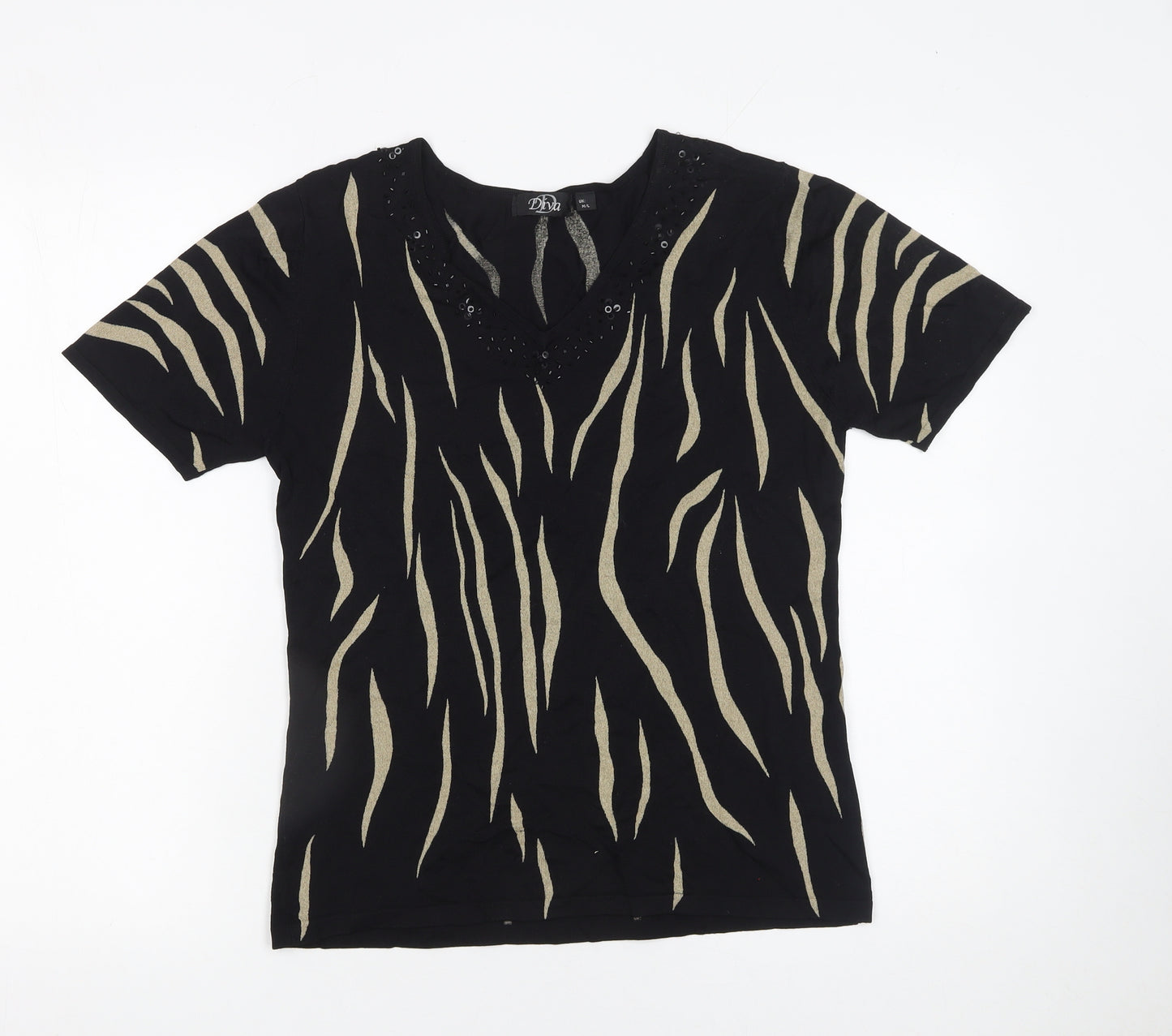 Diva Womens Black Animal Print Beaded V-Neck Short Sleeve Jumper M