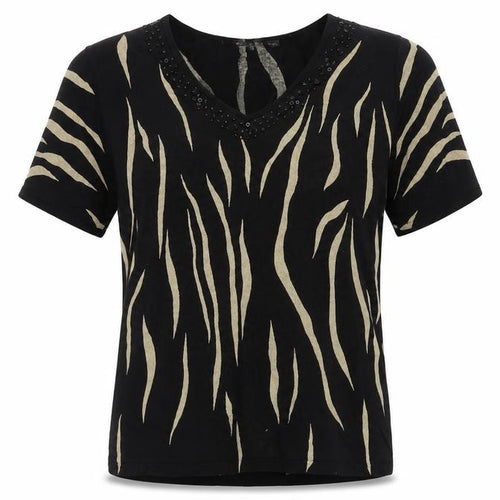Diva Womens Black Animal Print Beaded V-Neck Short Sleeve Jumper M
