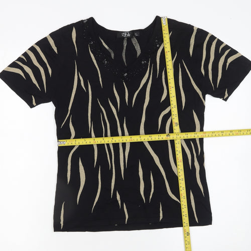 Diva Womens Black Animal Print Beaded V-Neck Short Sleeve Jumper M