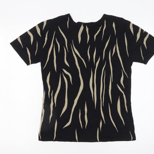 Diva Womens Black Animal Print Beaded V-Neck Short Sleeve Jumper M