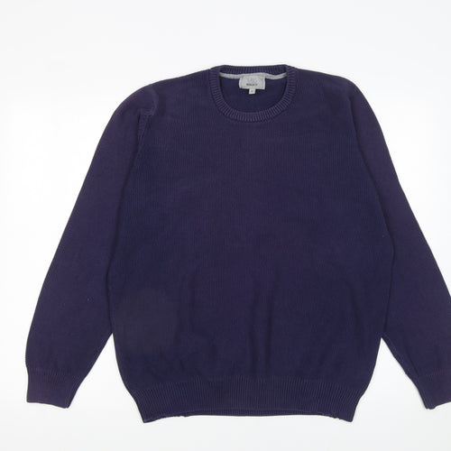 Marks and Spencer Men's Blue Cotton Crew Neck Jumper L Regular Fit