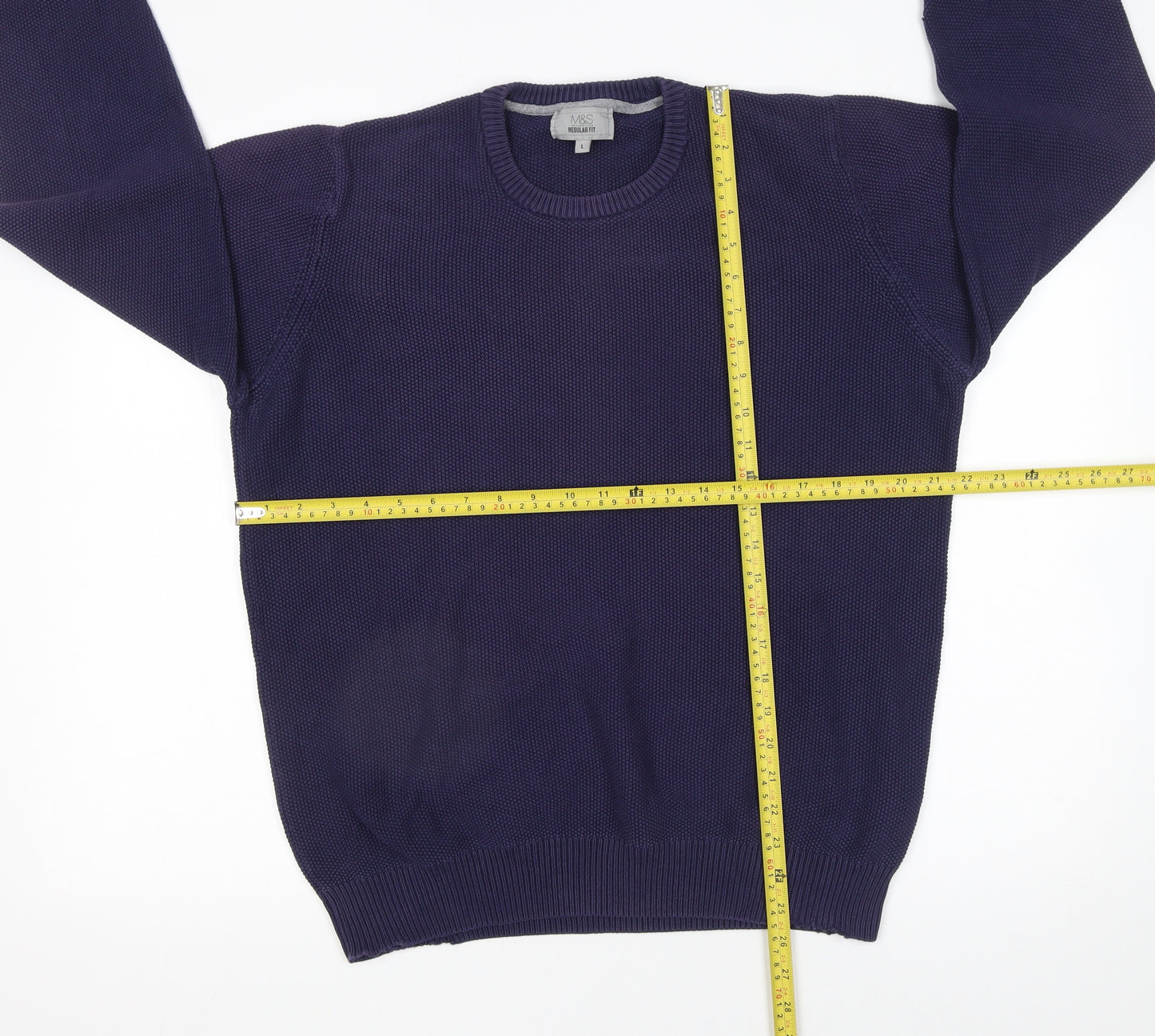 Marks and Spencer Men's Blue Cotton Crew Neck Jumper L Regular Fit