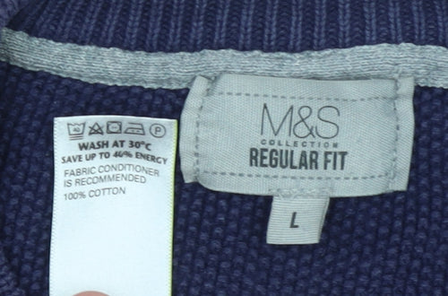 Marks and Spencer Men's Blue Cotton Crew Neck Jumper L Regular Fit
