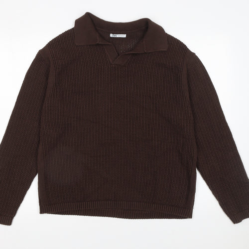 Zara Womens Brown Collared Cotton Chunky Knit Jumper XL