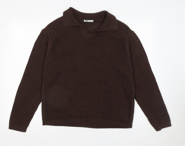 Zara Womens Brown Collared Cotton Chunky Knit Jumper XL