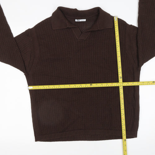 Zara Womens Brown Collared Cotton Chunky Knit Jumper XL