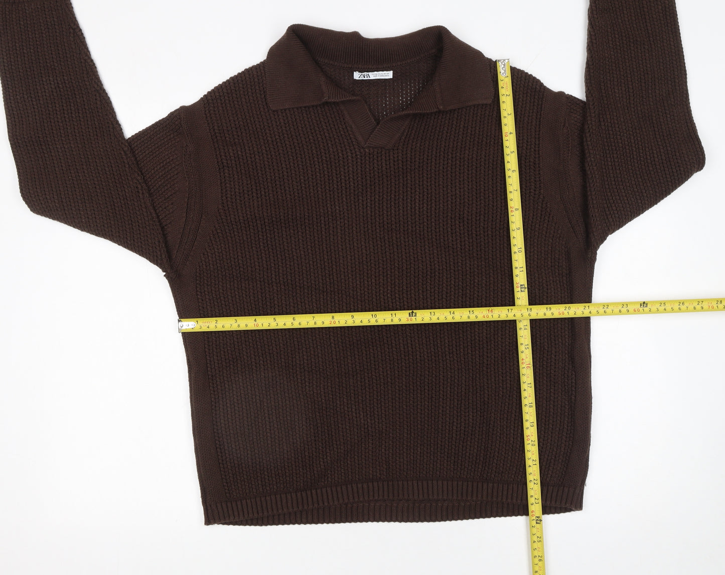 Zara Womens Brown Collared Cotton Chunky Knit Jumper XL