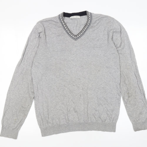 Nigel Hall Men Grey Cotton V-Neck Pullover Jumper M