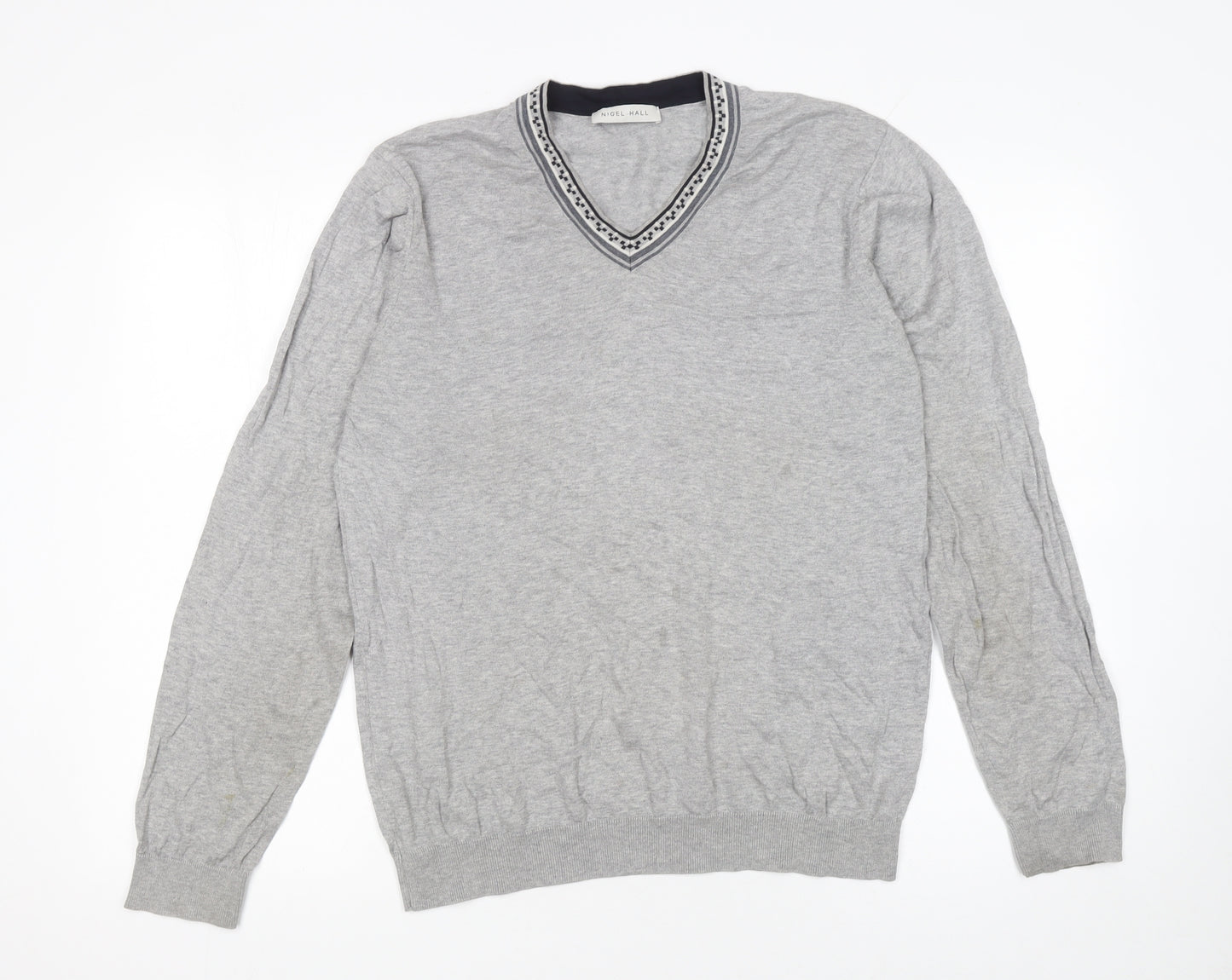 Nigel Hall Men Grey Cotton V-Neck Pullover Jumper M