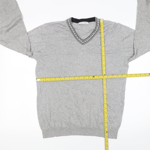Nigel Hall Men Grey Cotton V-Neck Pullover Jumper M