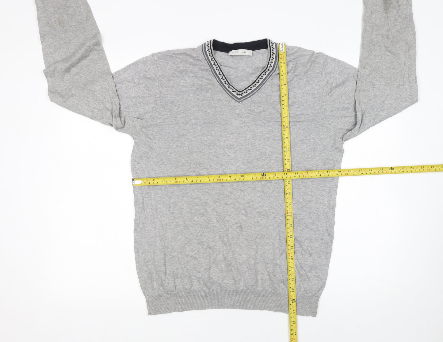 Nigel Hall Men Grey Cotton V-Neck Pullover Jumper M