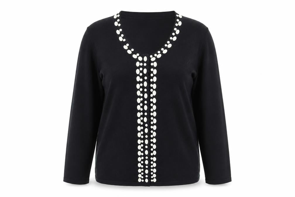 Front view of Country Casuals Petite women’s black embellished knit cardigan, size M
