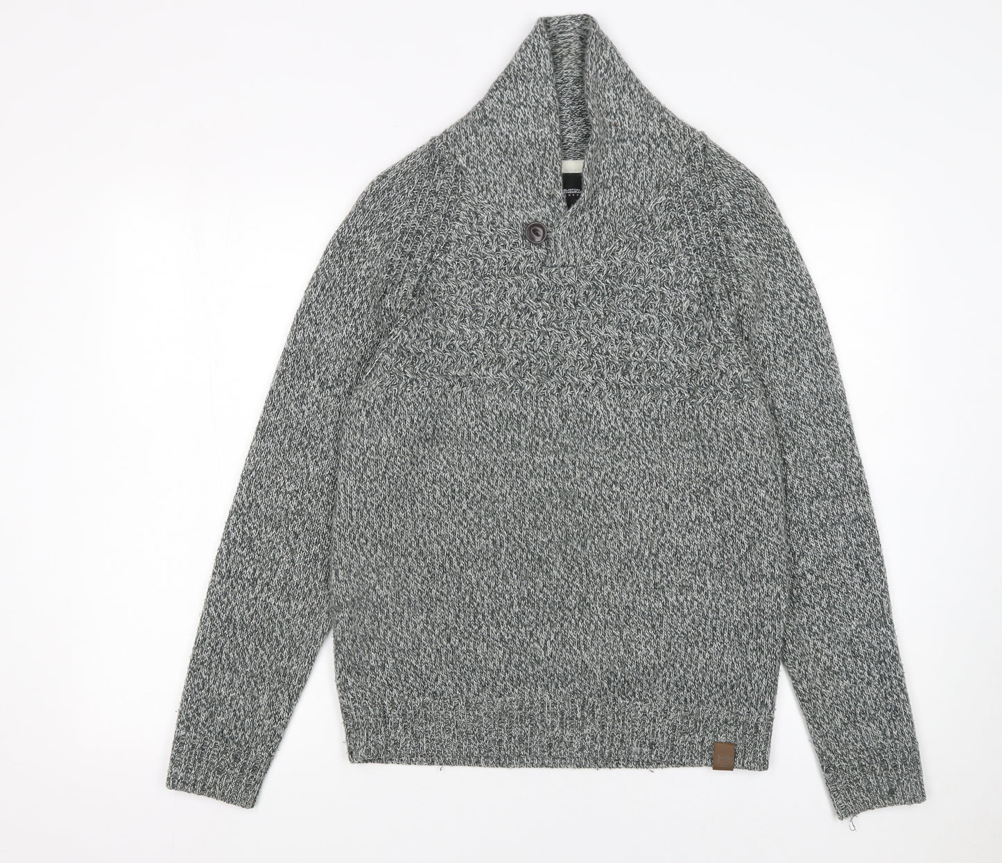 Burton Menswear London Men's Grey Chunky-Knit Shawl Neck Jumper S