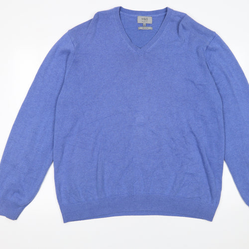 Marks and Spencer Men Blue 2XL V-Neck Cotton Pullover Jumper