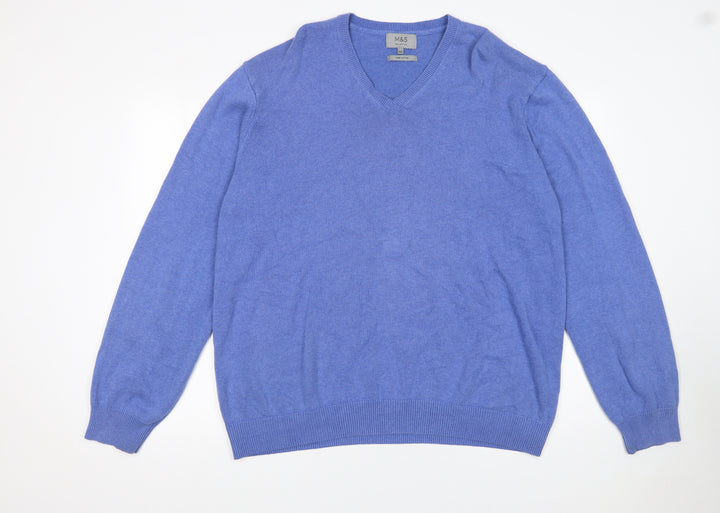 Marks and Spencer Men Blue 2XL V-Neck Cotton Pullover Jumper