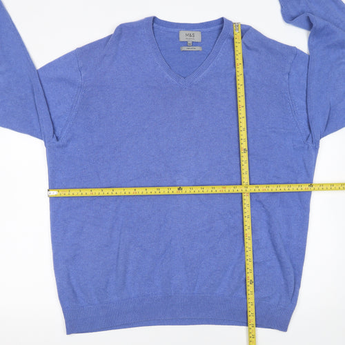 Marks and Spencer Men Blue 2XL V-Neck Cotton Pullover Jumper