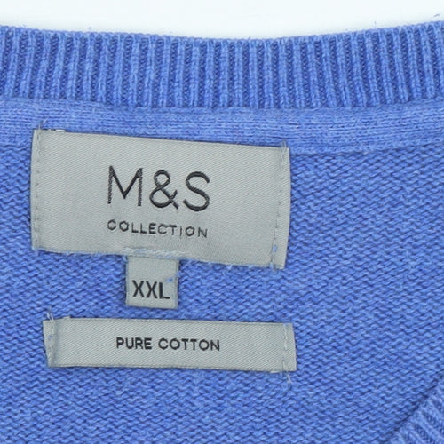 Marks and Spencer Men Blue 2XL V-Neck Cotton Pullover Jumper