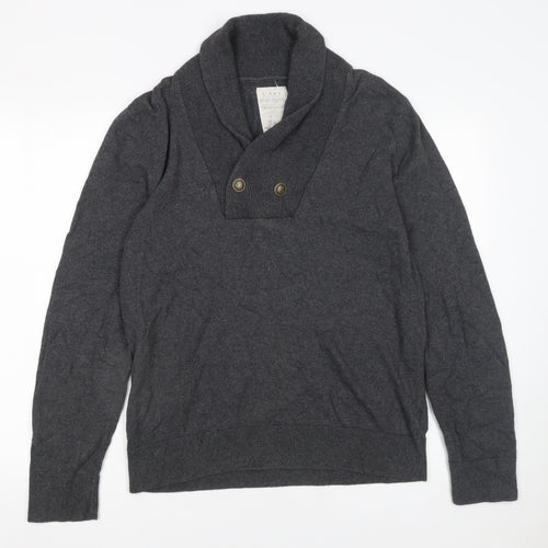 River Island Men's Grey Cotton Shawl Collar Button Jumper Size M