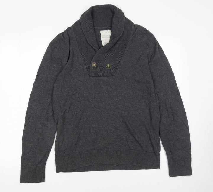 River Island Men's Grey Cotton Shawl Collar Button Jumper Size M