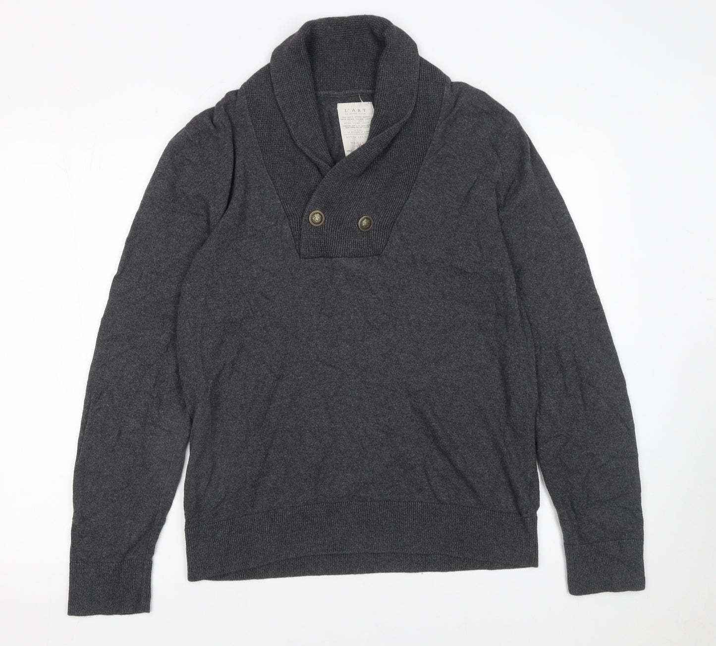 River Island Men's Grey Cotton Shawl Collar Button Jumper Size M
